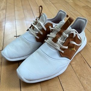 Puma Ignite NXT Spikeless Golf Shoe, White and Tan Leather, 8/8.5 size